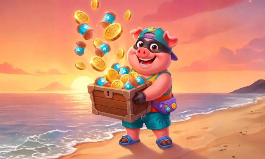 Coin Master Beginner's Guide featuring the pig in a blue hat and shorts standing on a sandy beach, holding a wooden crate as coins and Spins burst into the sunset sky over the ocean.