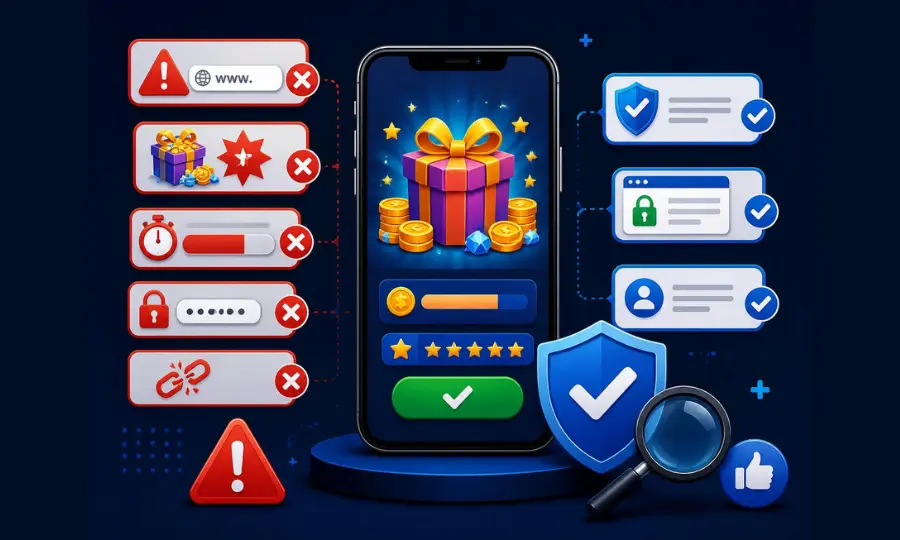 Fake Mobile Gaming Reward Sites illustrated by a smartphone screen showing a gift with gold coins and a rating bar, alongside a blue shield, magnifying glass, and checkmarks suggesting verification, while red error icons and warning symbols appear on the left.