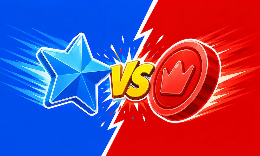 Match Masters Beginner’s Guide graphic showing a split-screen battle with a blue star on the left and a red heart-like emblem on the right, separated by a lightning-bolt burst with bold yellow “VS” text.