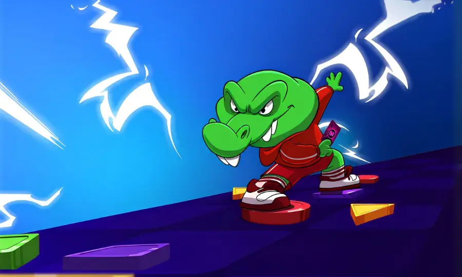 A cartoon alligator character in a red tracksuit skates on red circular platforms on Match Masters Events