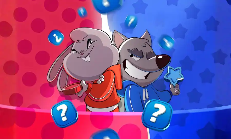 Match masters rabbit in an orange hoodie and wolf in a blue hoodie stand back to back against a split red and blue background with question is Match Masters Free to Play.