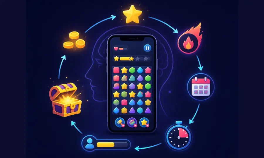 Mobile Game Psychology illustrated by a smartphone displaying a colorful puzzle game grid with a progress bar and star icons, surrounded by coin, gift, flame, calendar, and stopwatch icons connected by arrows on a dark blue background.