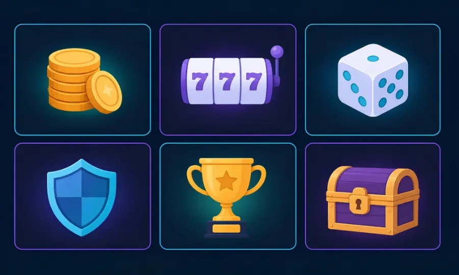 A collage of six Mobile Gaming Terms Glossary - casino-themed icons: gold coins, a slot machine, a white die with blue pips, a blue shield, a gold trophy, and a purple treasure chest.