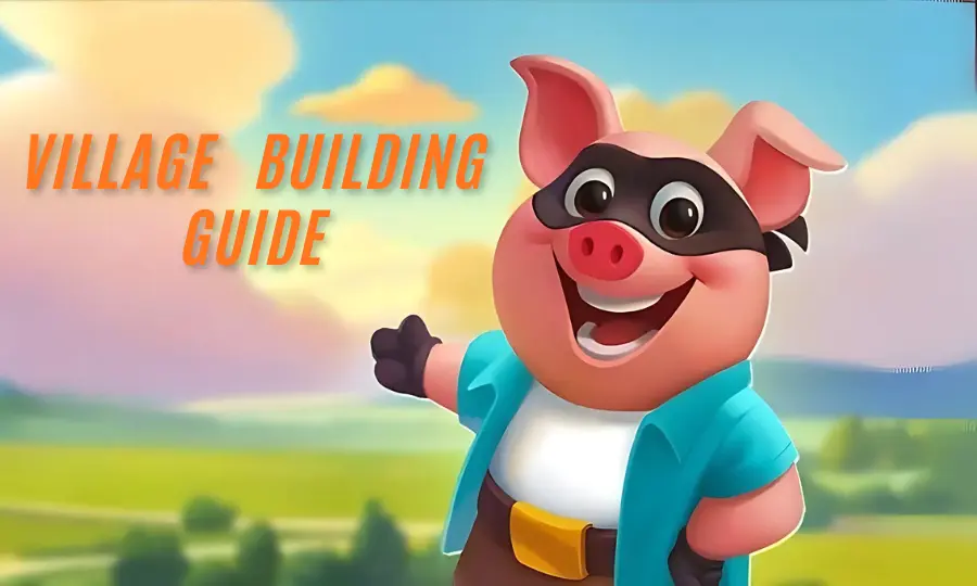 A pig showing Coin Master Village building guide in a blue shirt and yellow belt, with large round eyes and pink ears,