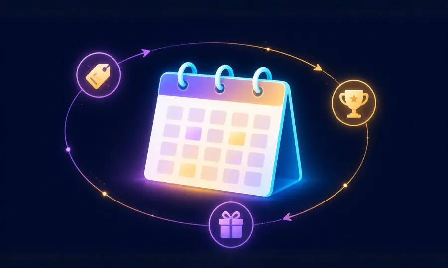 A Coin master Events calendar with glowing neon edges, surrounded by a circular path connecting icons of a tag, a trophy, and a gift box.