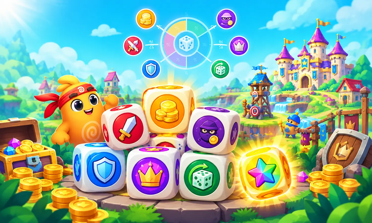 Dice Dreams dice icons explained with coins, attack, steal, shield, jackpot and free roll symbols, plus a glowing wildcard dice and fantasy kingdom background.