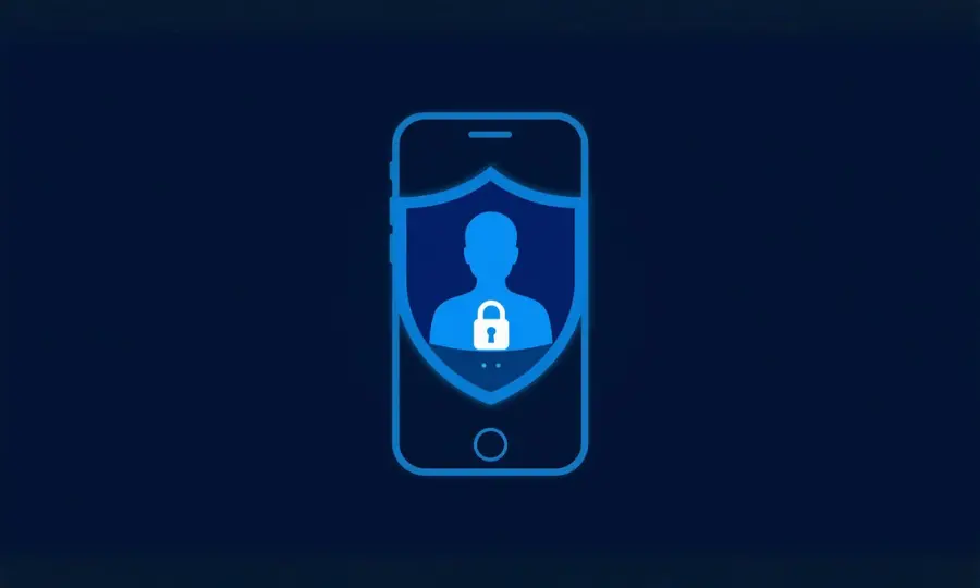 A blue outline of a smartphone displays a shield icon with a silhouette of a person inside, featuring a lock symbol on the chest.