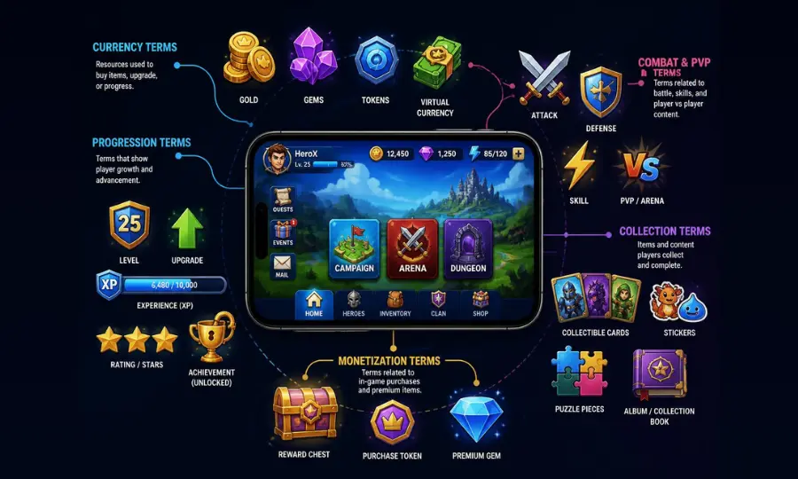 Mobile Gaming Terms Glossary infographic showing icons for spins, coins, boosters, shields, raids, stickers, cards, and XP surrounding a smartphone game interface.