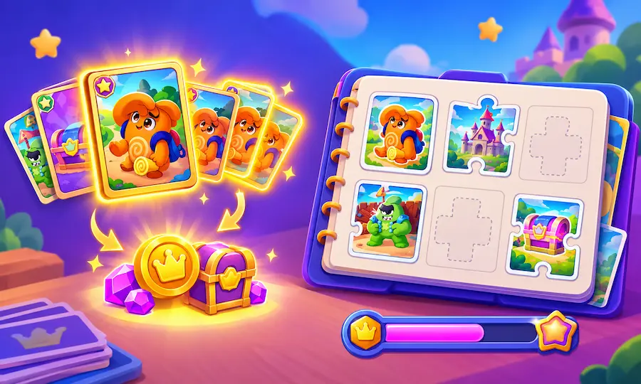Dice Dreams Cards & Stickers showing colorful collectible cards, cartoon characters, coins, and a sticker scrapbook with puzzle pieces and blank slots.