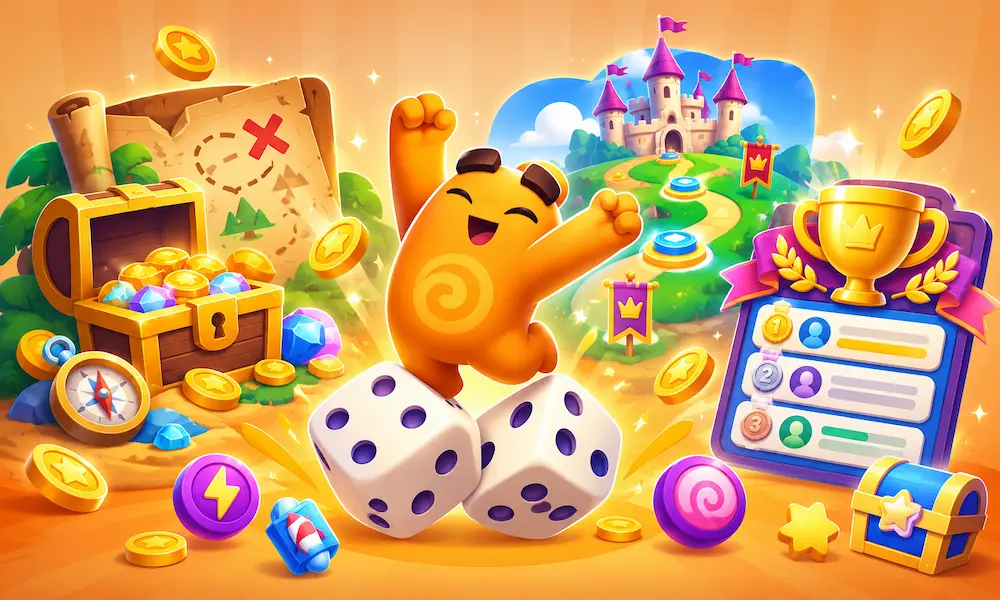Dice Dreams Events featuring dice, treasure chest, quest path, castle, tournament trophy, coins, and rewards.